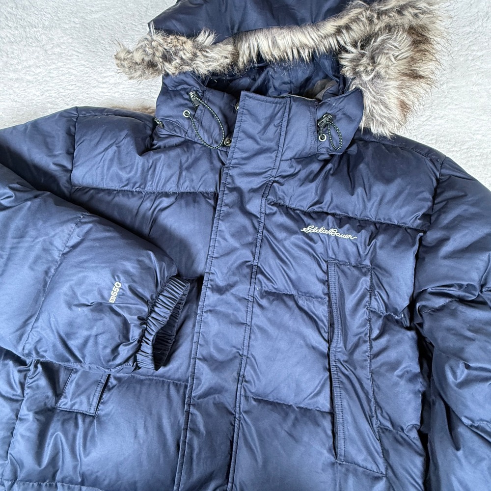 Eddie Bauer EB650 Down Parka Mens TXL Navy Blue L/S Faux Fur Hood 0175